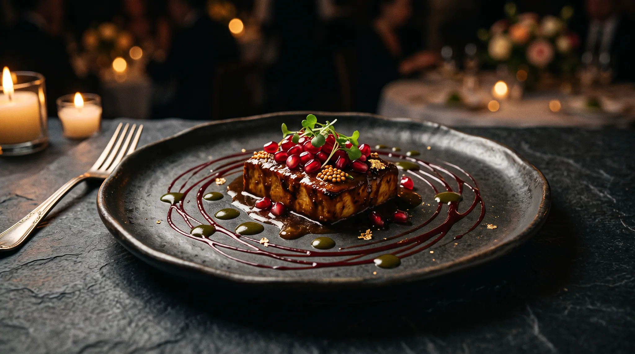 An artfully plated fine-dining course prepared for a luxury celebration